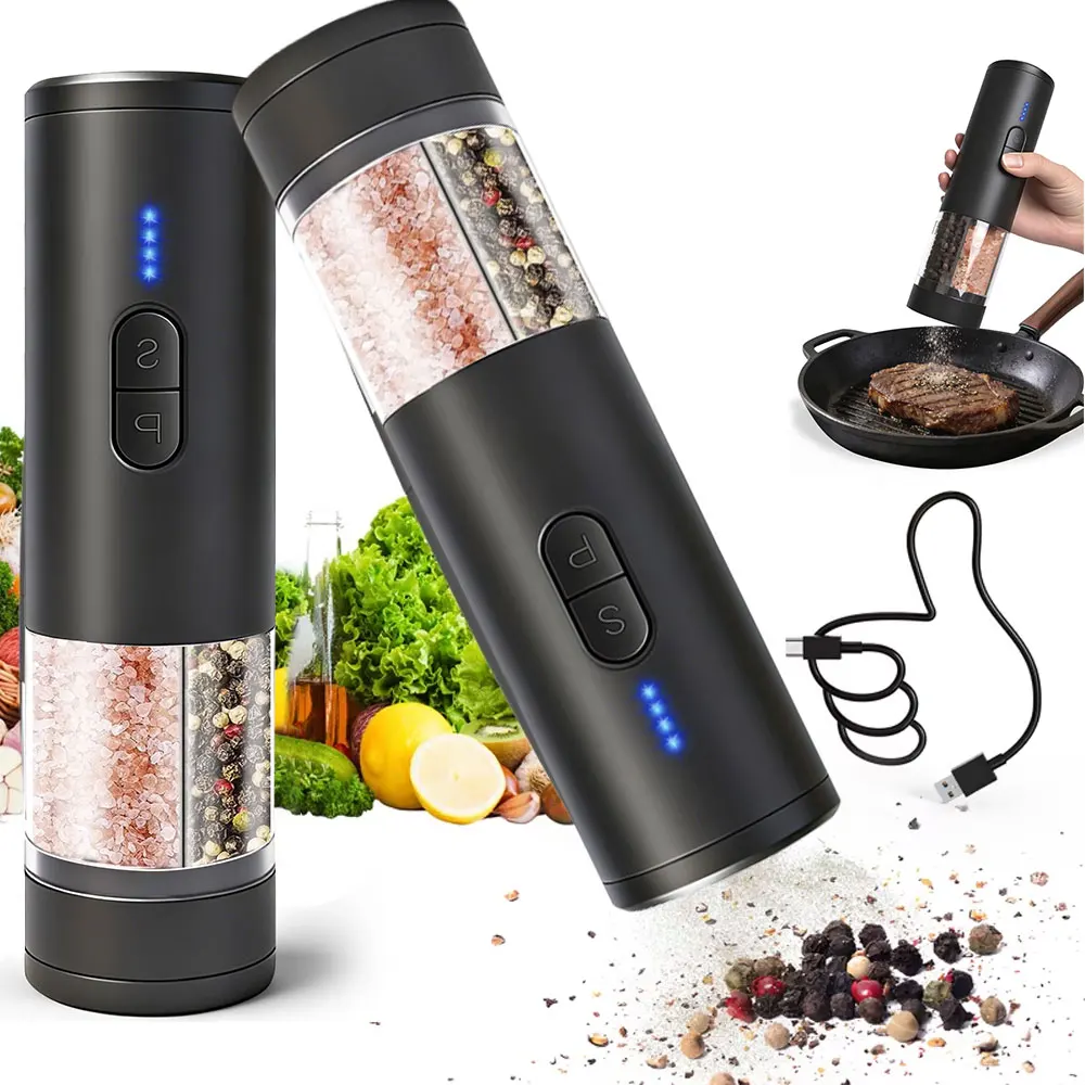 Kitchen Gadgets Electronic - مطحنة كهربائية للملح والفلفل تعمل بالجاذبية،