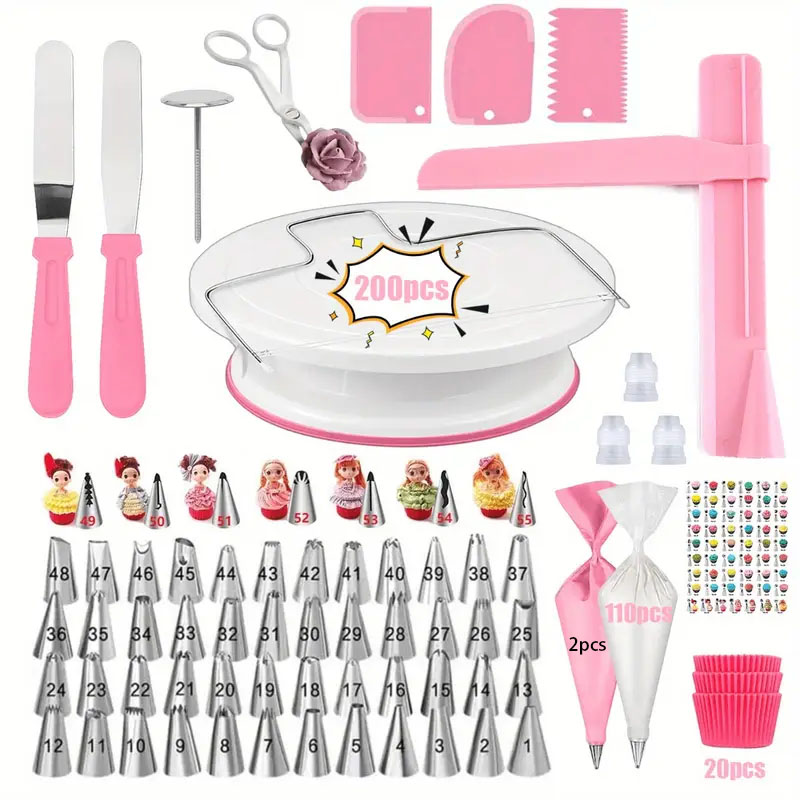 Cake Decorating Turntable - 200 قطعة مجموعة فوهة تزيين القرص